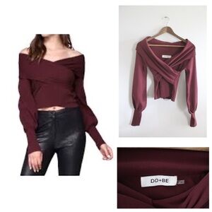 Do + Be Burgundy Red Balloon Sleeve Cross Front Top Small Preowned